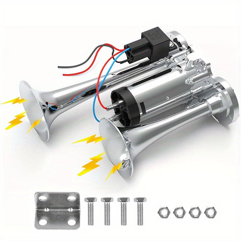 Universal Electric Dual Air Horn Kit for Vehicles, Loud, 12/24V