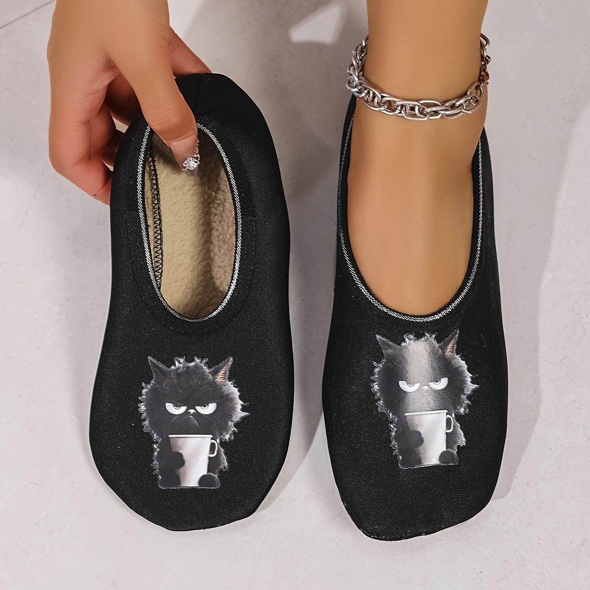 Women's Indoor Slippers Soft Fabric Cat Print Cozy House Footwear