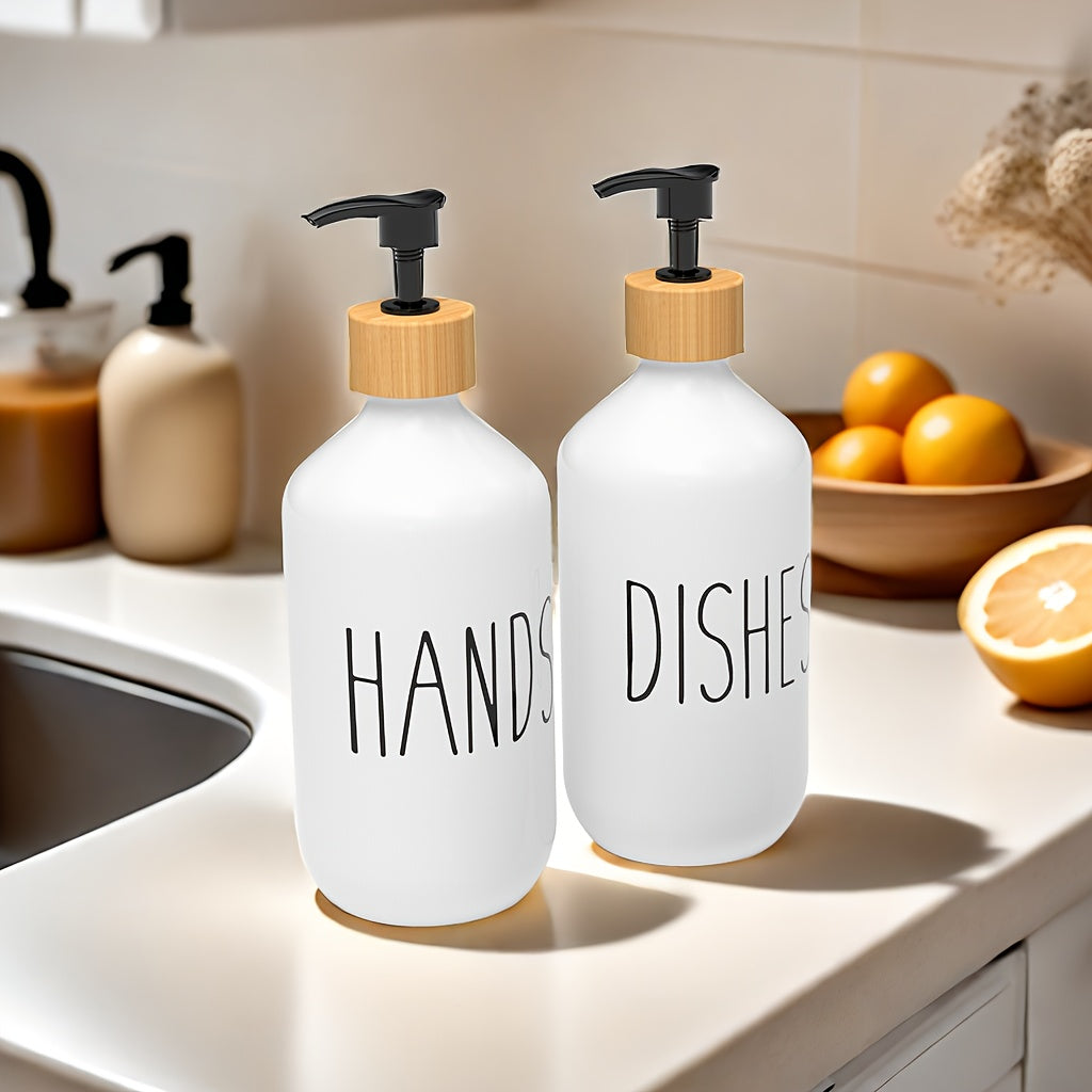Set of 2 Refillable Soap Dispensers with Wooden Tray for Bathroom