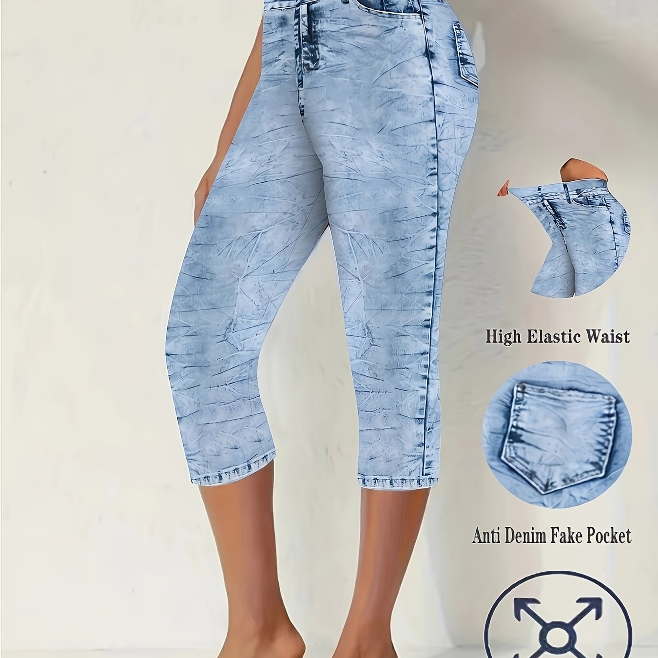Women's Stretch Denim Print Capri Leggings High Waist Anti-Slip Casual