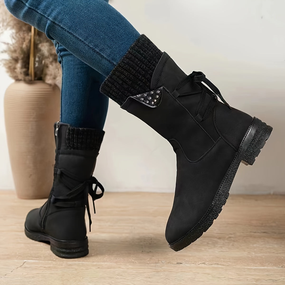 Women's Mid-Calf Boots with Knit Cuff Zippered Round Toe Block Heel