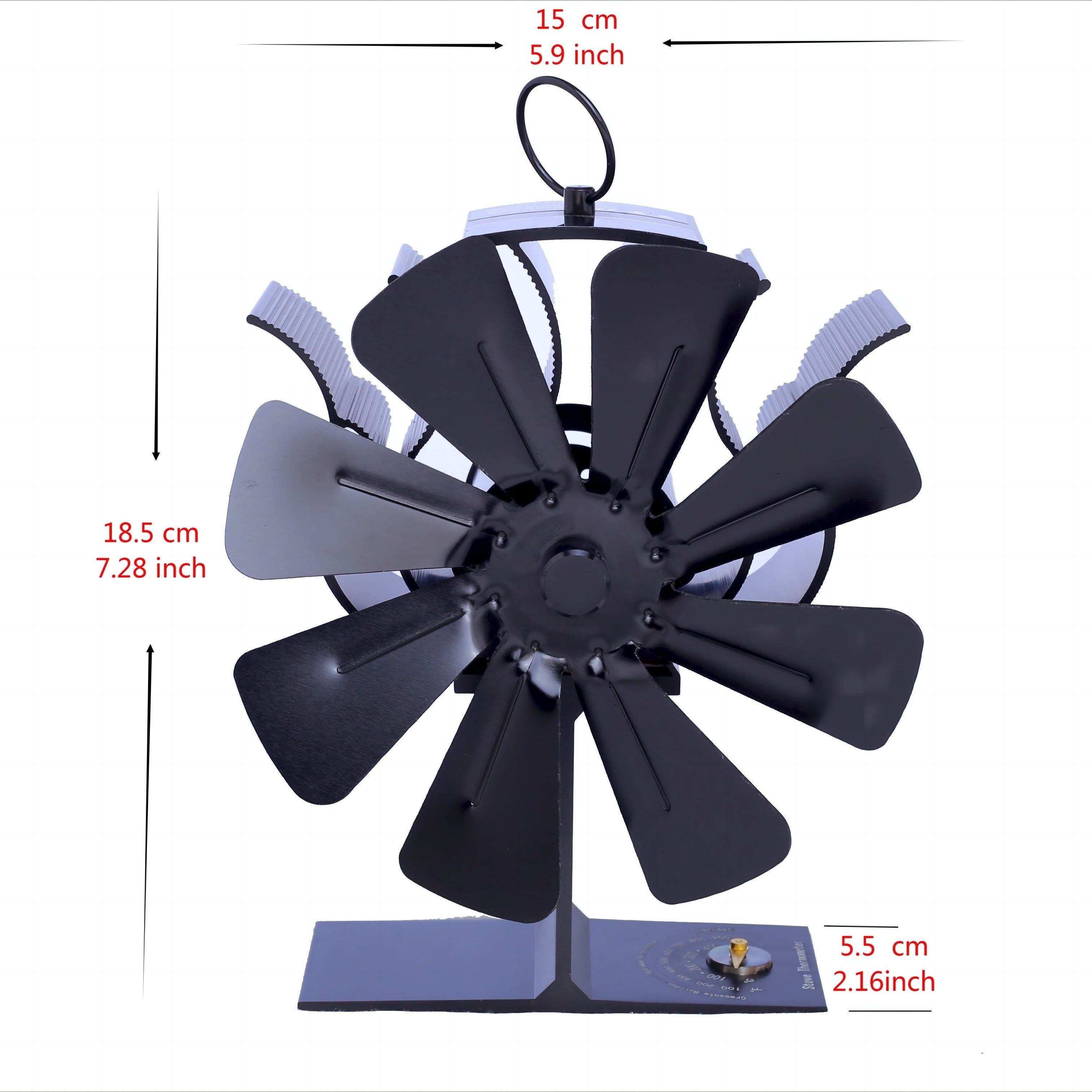 High-Efficiency 8-Blade Fireplace Fan with Built-In Thermometer Black for Wood Stoves