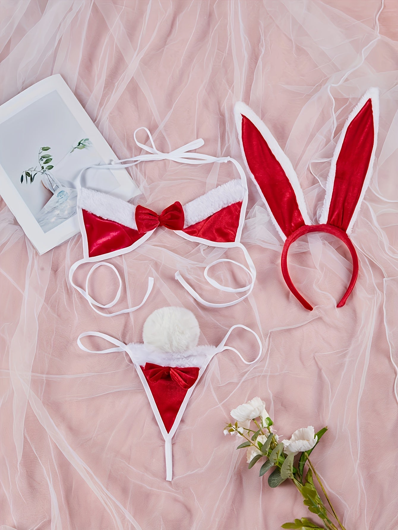 Adult Bunny Costume Set with Headband Bralette Thong and Bunny Tail