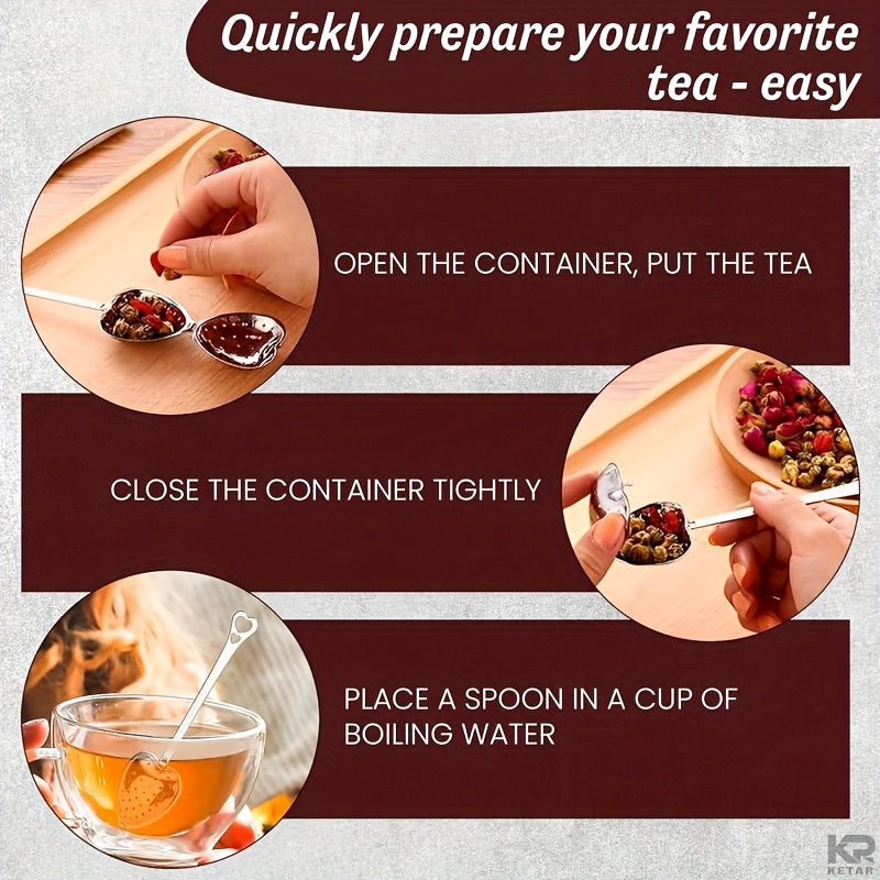 Set of 4 Stainless Steel Tea Strainers Reusable Love Colanders with Brewing Spoons