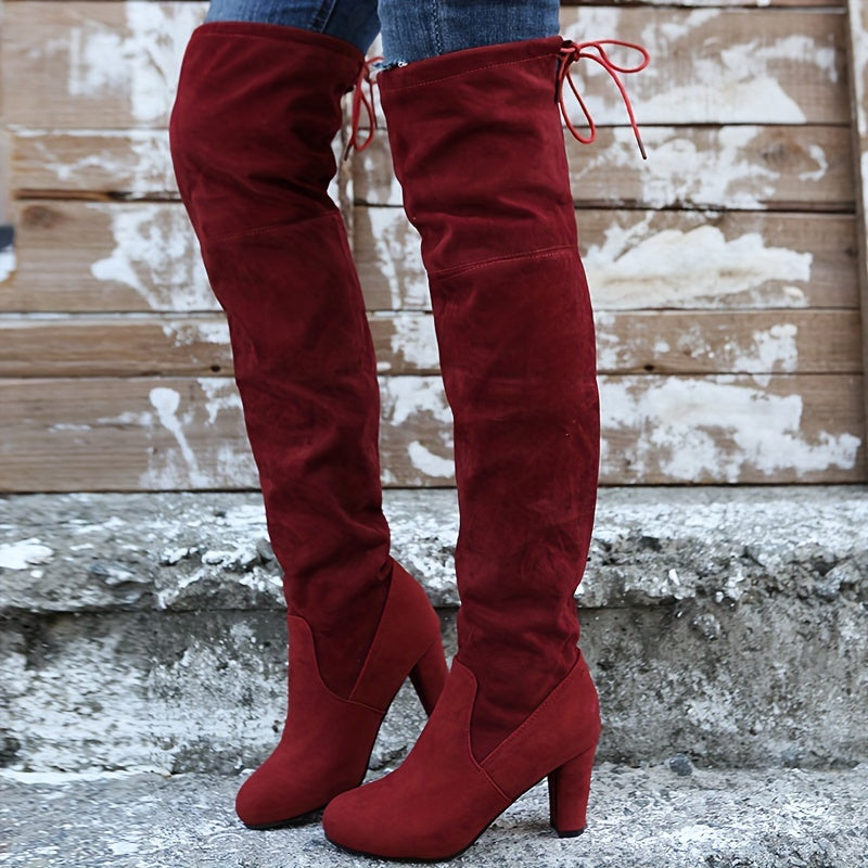 Women's Solid Color Long Boots Over Knee Round Toe Chunky Heel Casual Shoes