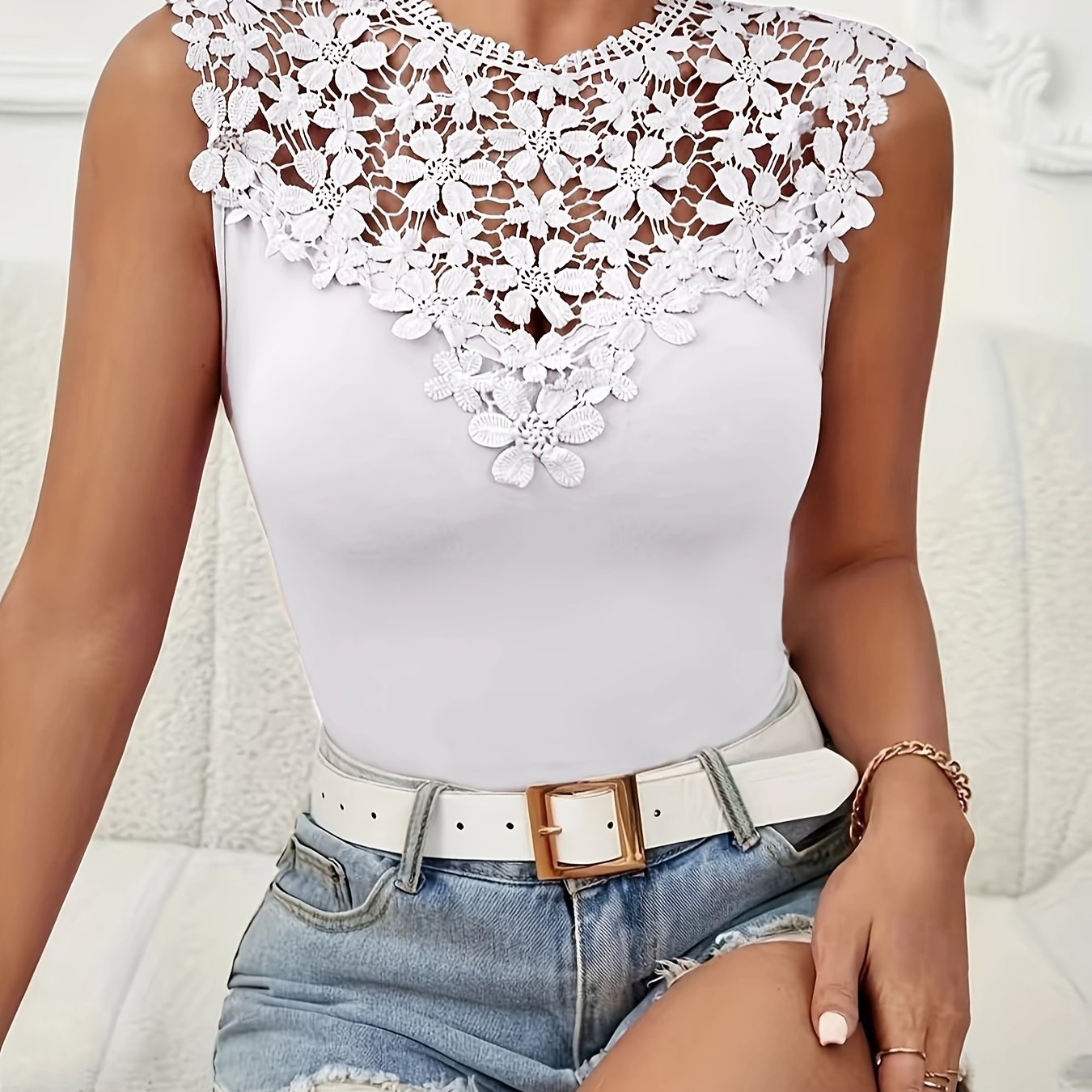Top sin mangas de verano con encaje floral para mujer talla grande, con aplicación, cuello redondo, ajuste medio