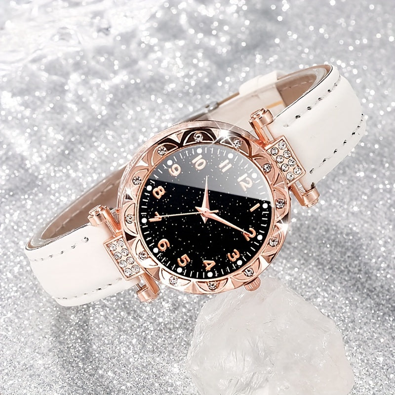 Women's Quartz Watch Set 3-Piece Round Dial PU Strap Elegant Gift