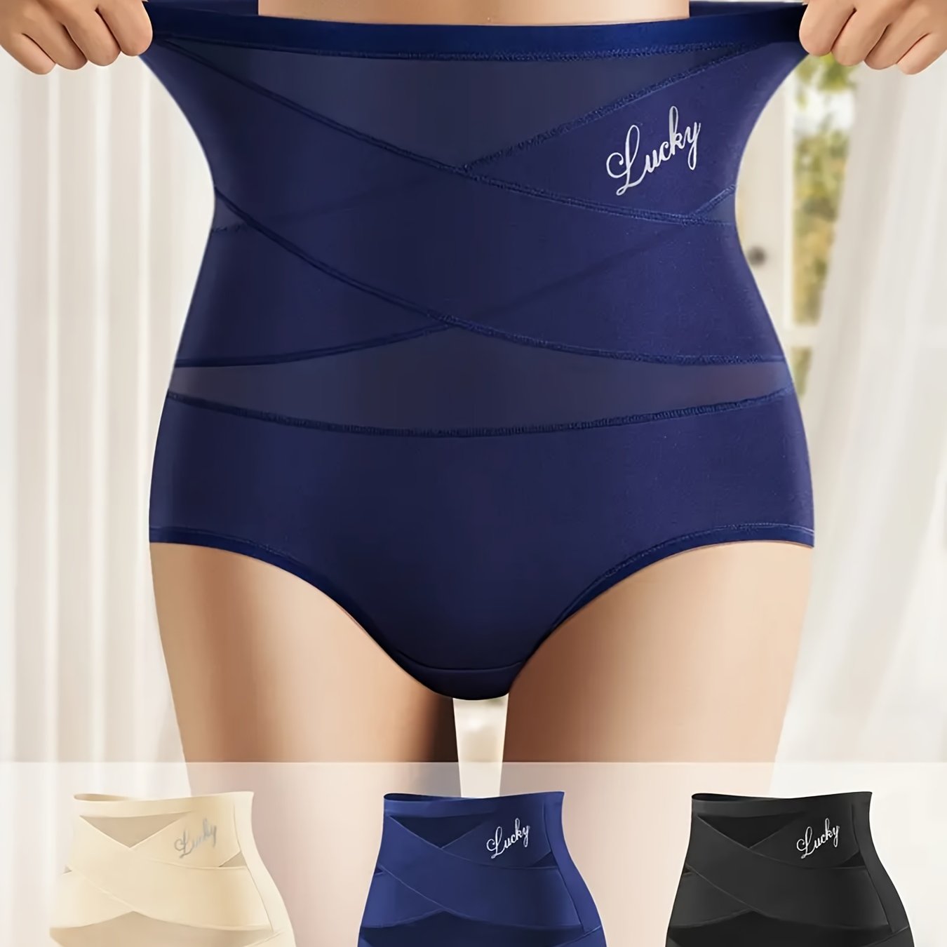 3-Pack High Waist Shapewear Panties with Alphabet Print Adjustable Cross Design Polyester Elastane Knit Fabric