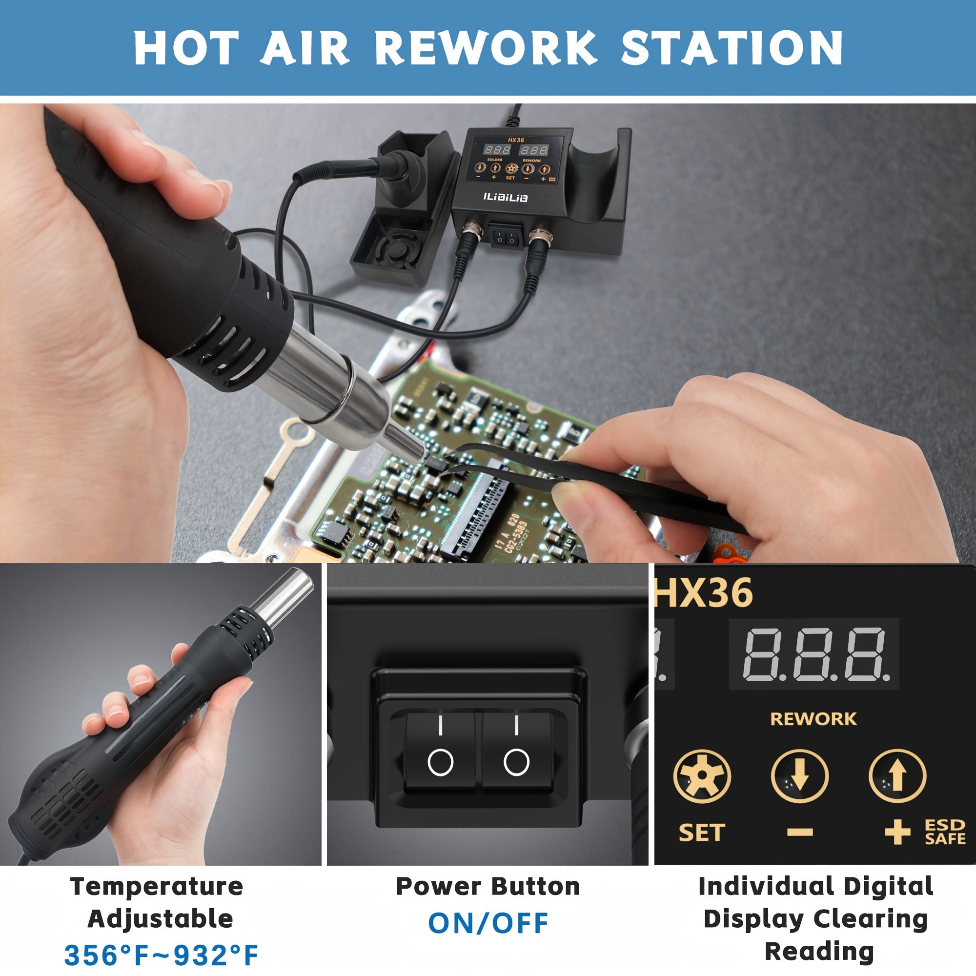 2-in-1 Rework Soldering Station Kit with Hot Air and Iron, Digital Temperature Control, 3 Nozzles, Anti-Static Tweezers, Slip-Resistant Design