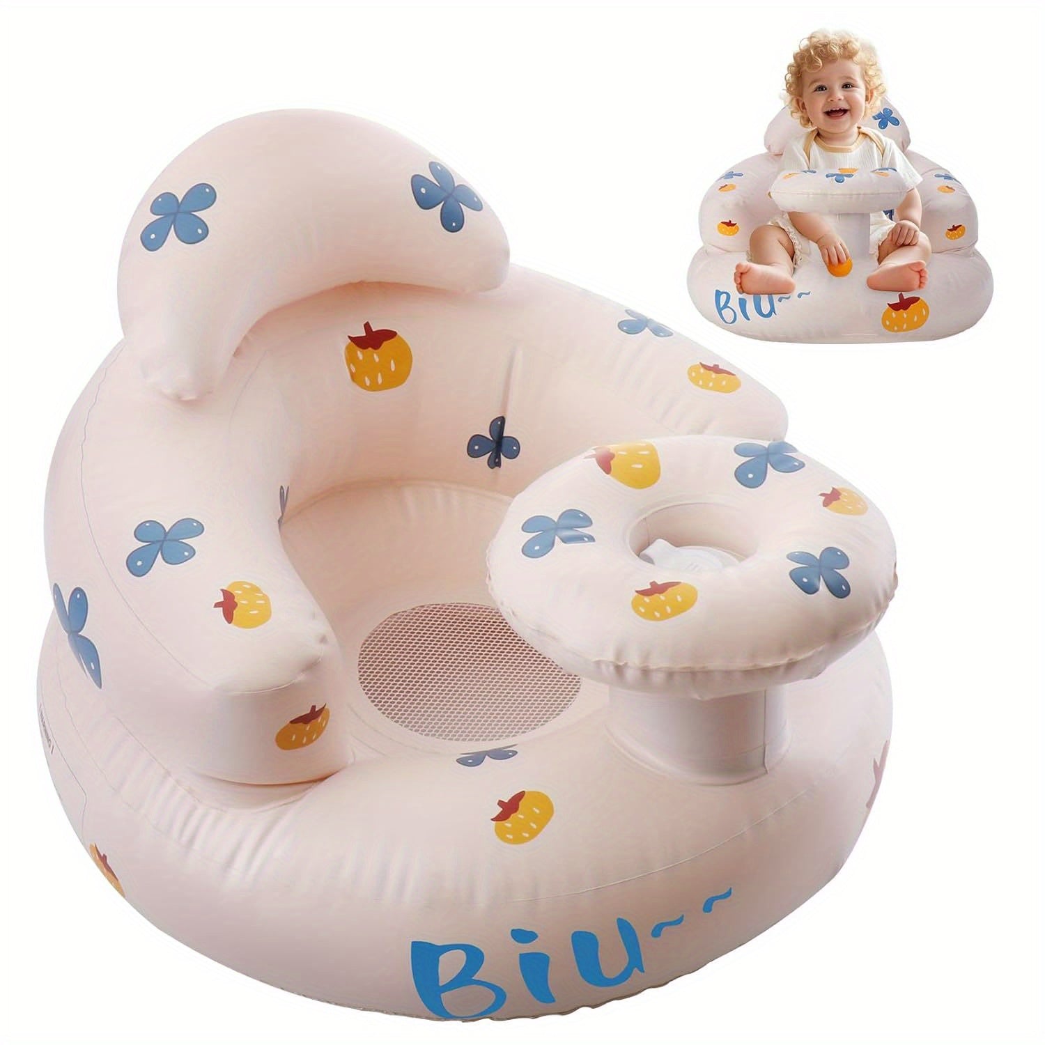 Bolalar uchun portativ oq PVC shishiriladigan stul, hammom, baland stul, lager va ochiq havoda faoliyatlar uchun mos, "BABU" dizayni bilan. Tozalash oson va rang-barang.