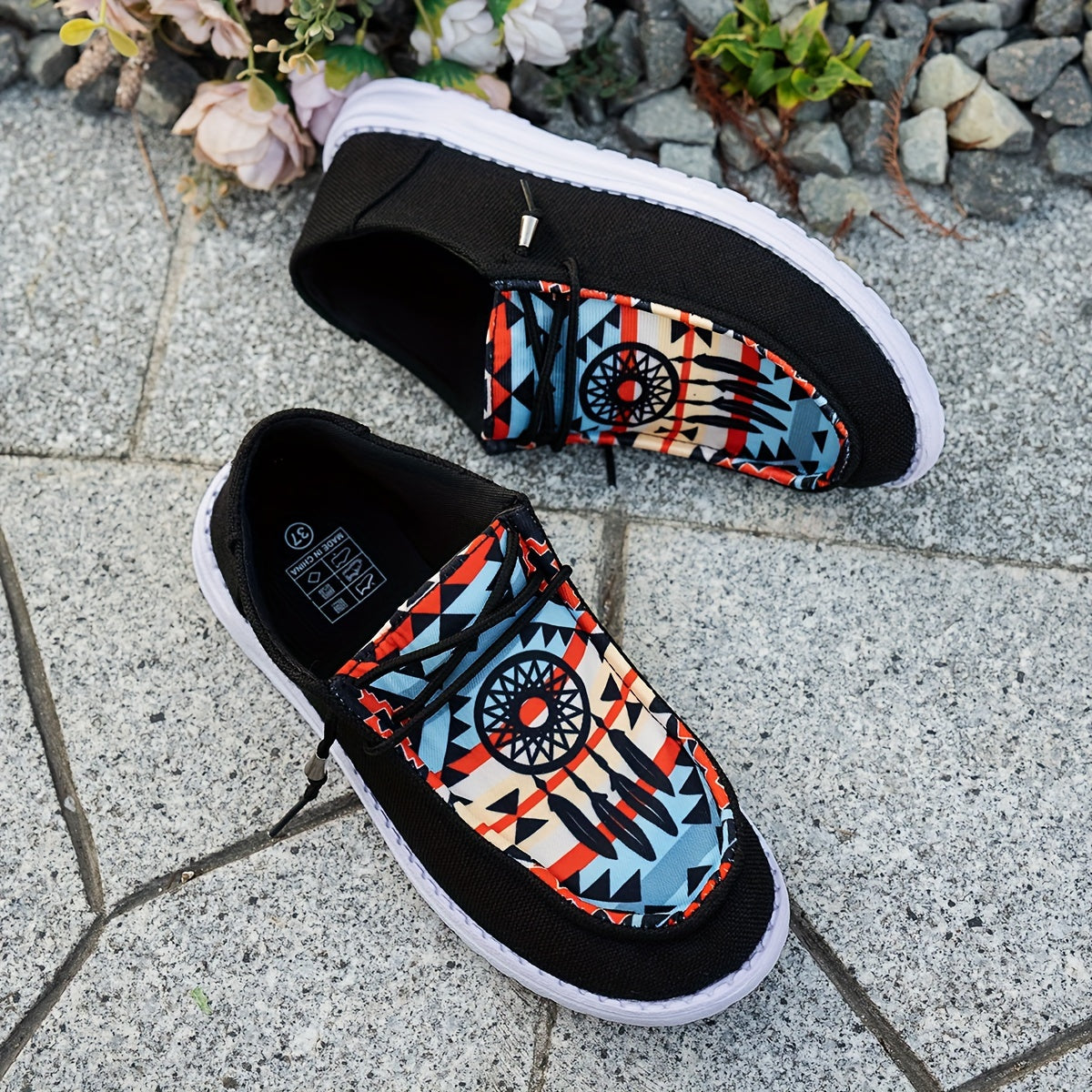 Women's Black Breathable Slip-On Flat Sneakers with Elastic Straps