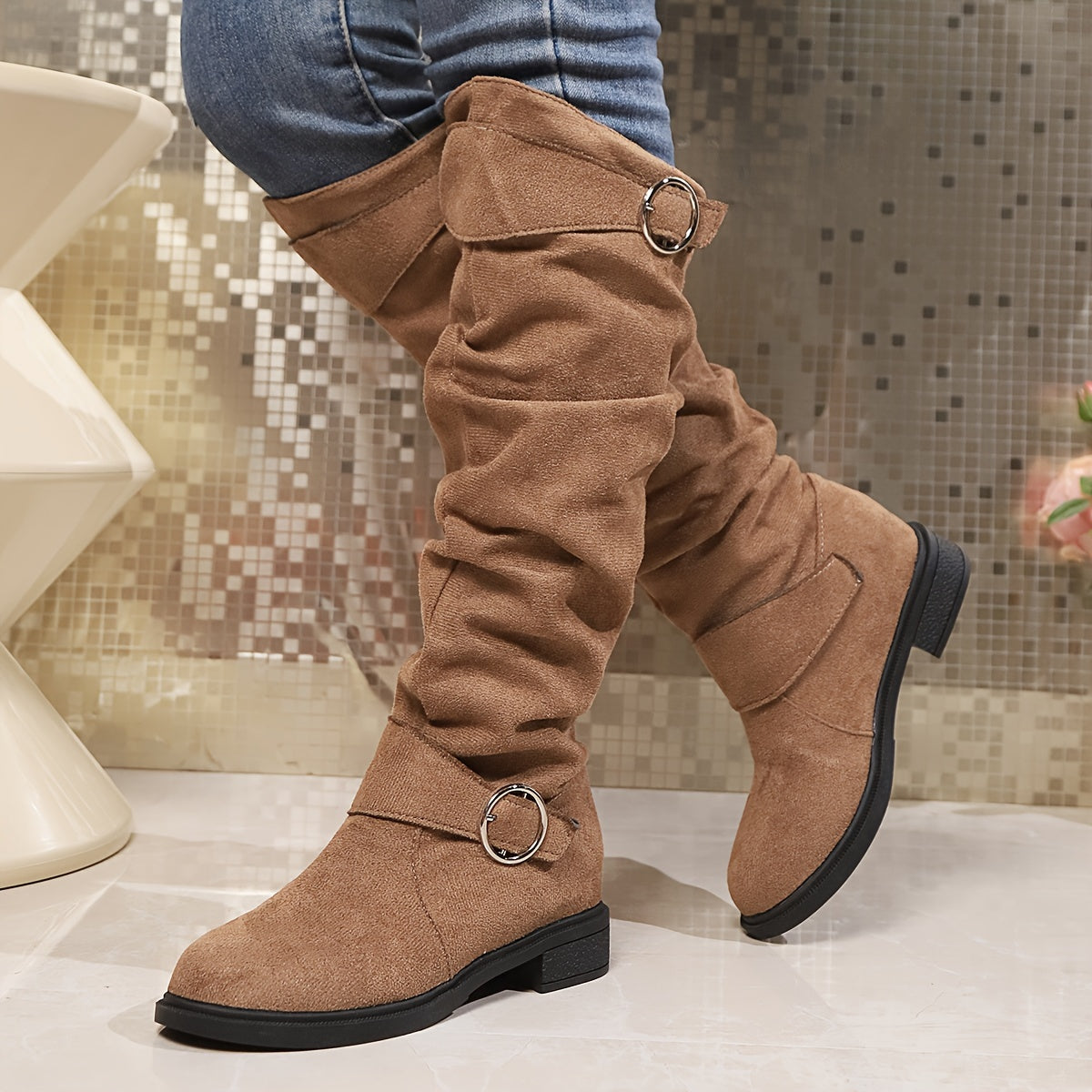 Women's Solid Color Knee-High Boots with Buckle Belt Chunky Heel