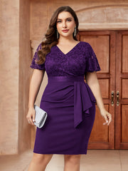 Women V-Neck Floral Lace Ruffle Sleeve Bodycon Dress with Wrap Hem