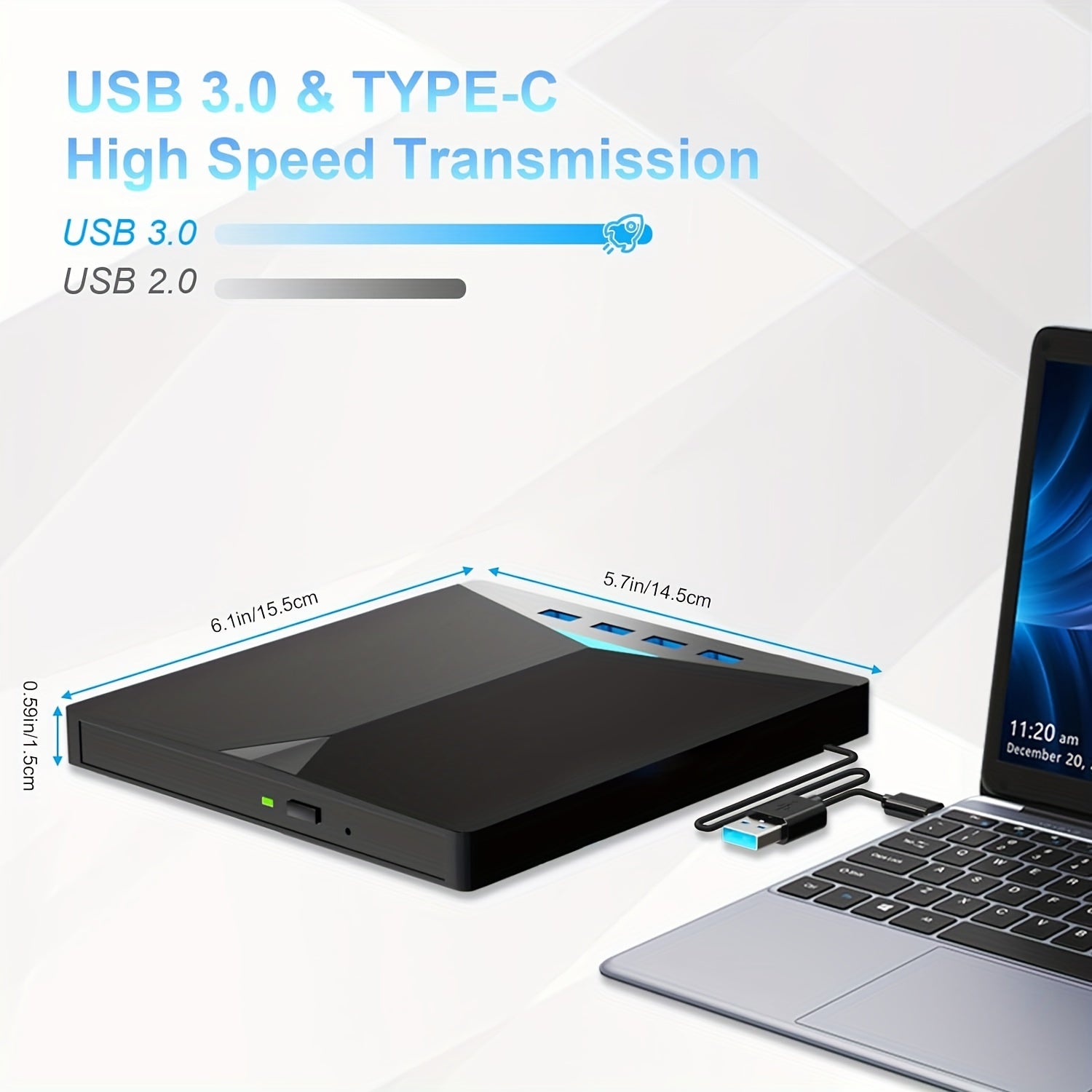 External 7-in-1 USB 3.0 Type-C External CD DVD Drive with Card Reader and USB Hub