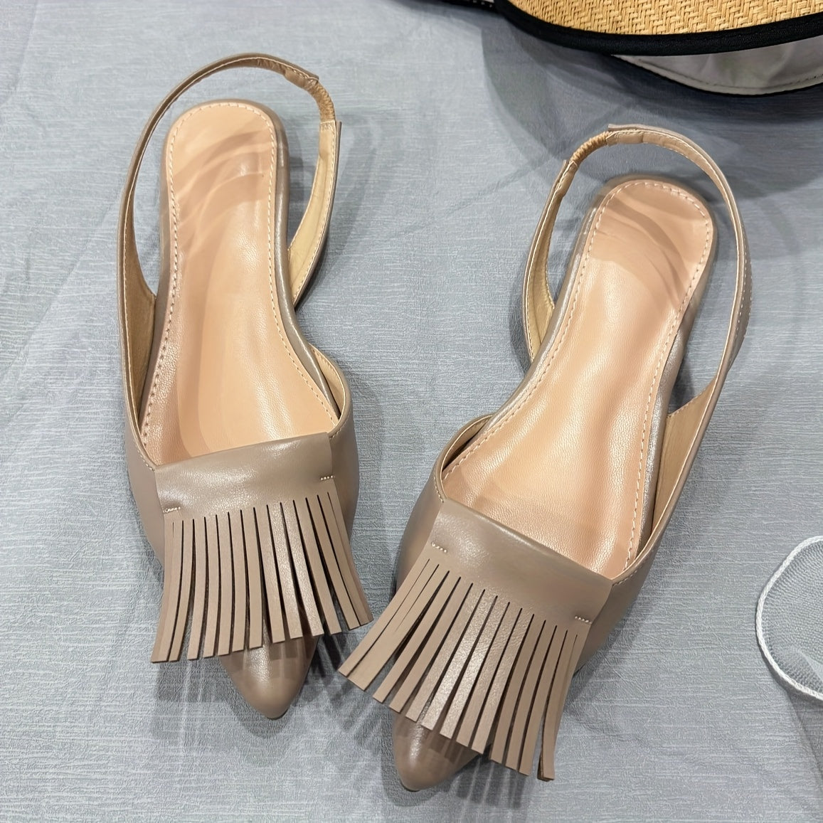 Women's Apricot Wide Fit Flat Sandals with Tassels, Comfortable Casual Shoes