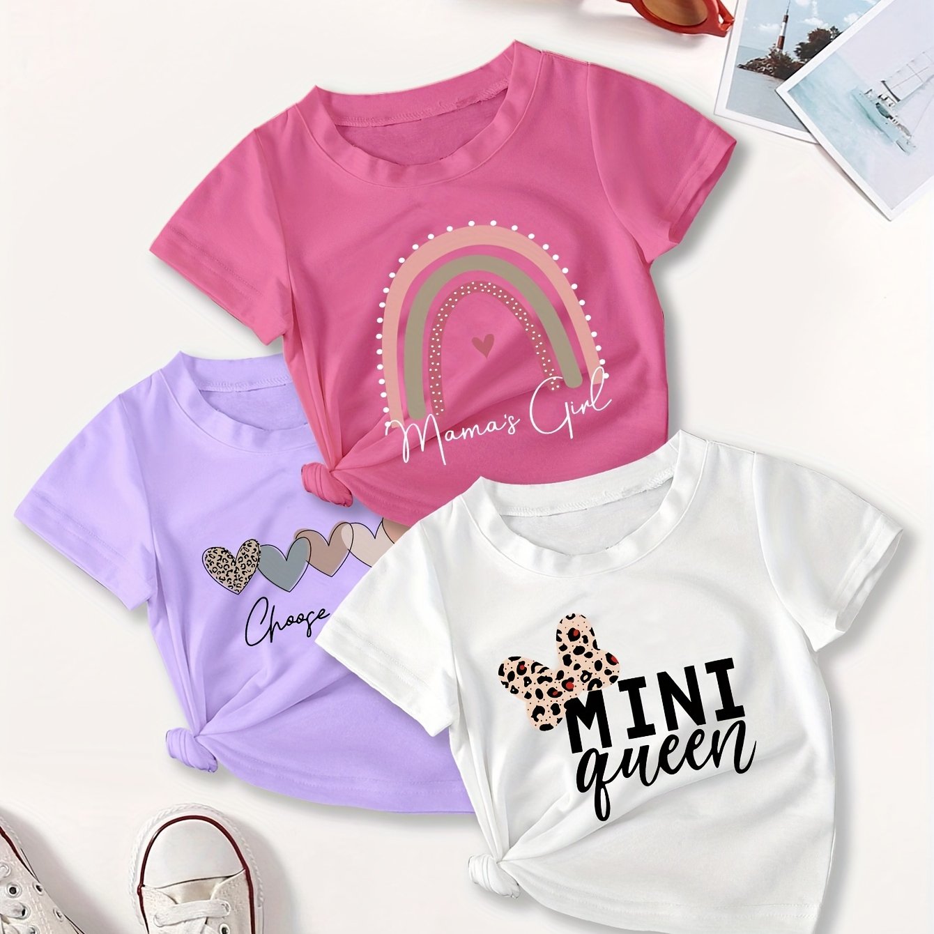 Girls' Polyester T-Shirt Set of 3 Casual Love and Letter Print for Valentine's Day and Ramadan