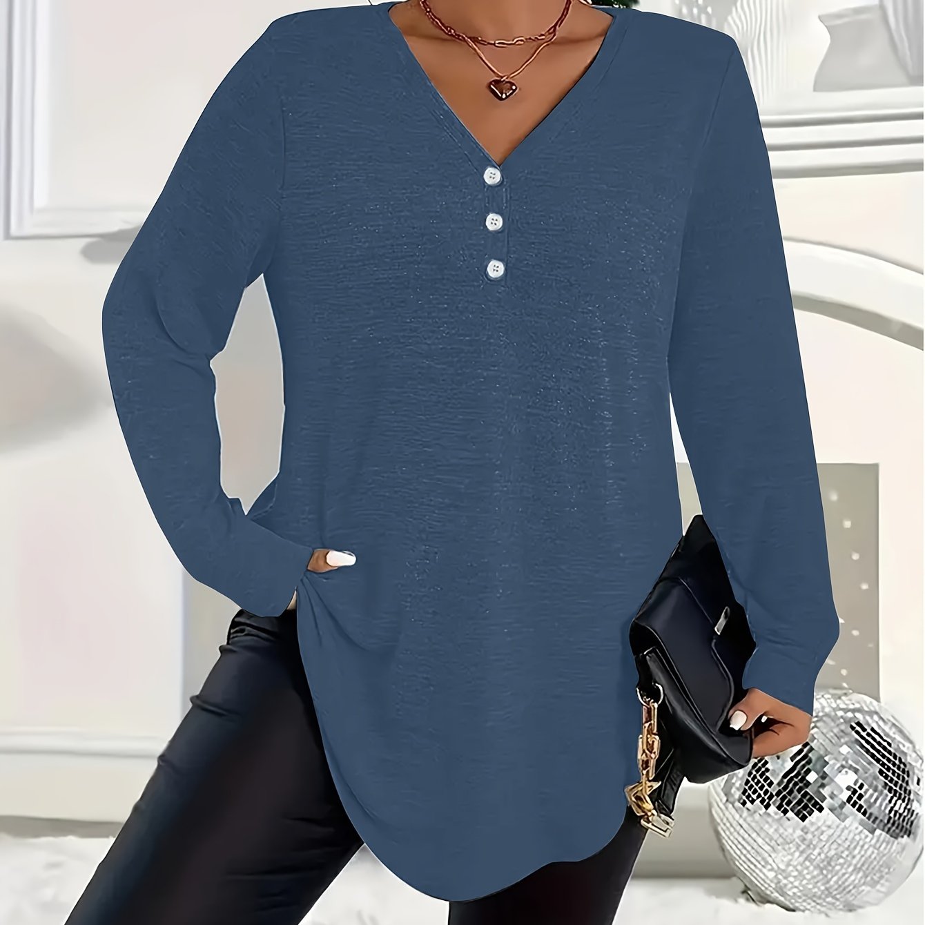 Women's Plus Size V-Neck Long Sleeve Top Polyester Knit Solid Color Fall Winter