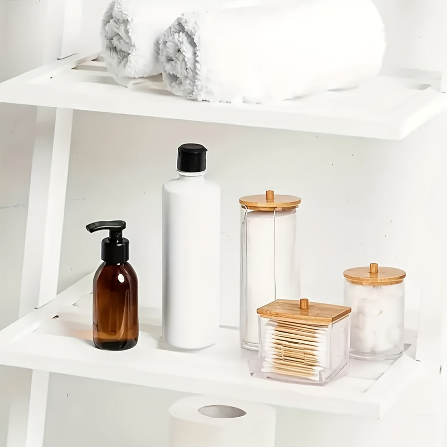 Transparent Storage Jars with Bamboo Lids and Wooden Dispenser for Bathroom and Home Office Organization