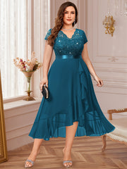 Plus Size V-Neck Lace Dress with Ruffle Hem Sleeveless Midi Party Gown Purple