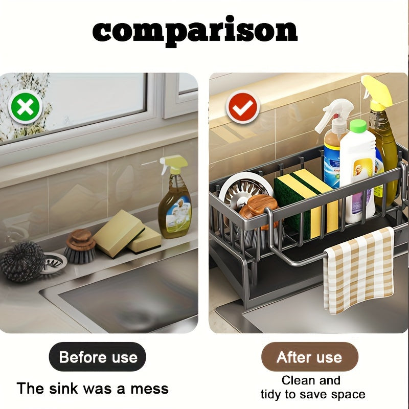 Metal Kitchen Sink Organizer with Drainage Basket and Cup Holder