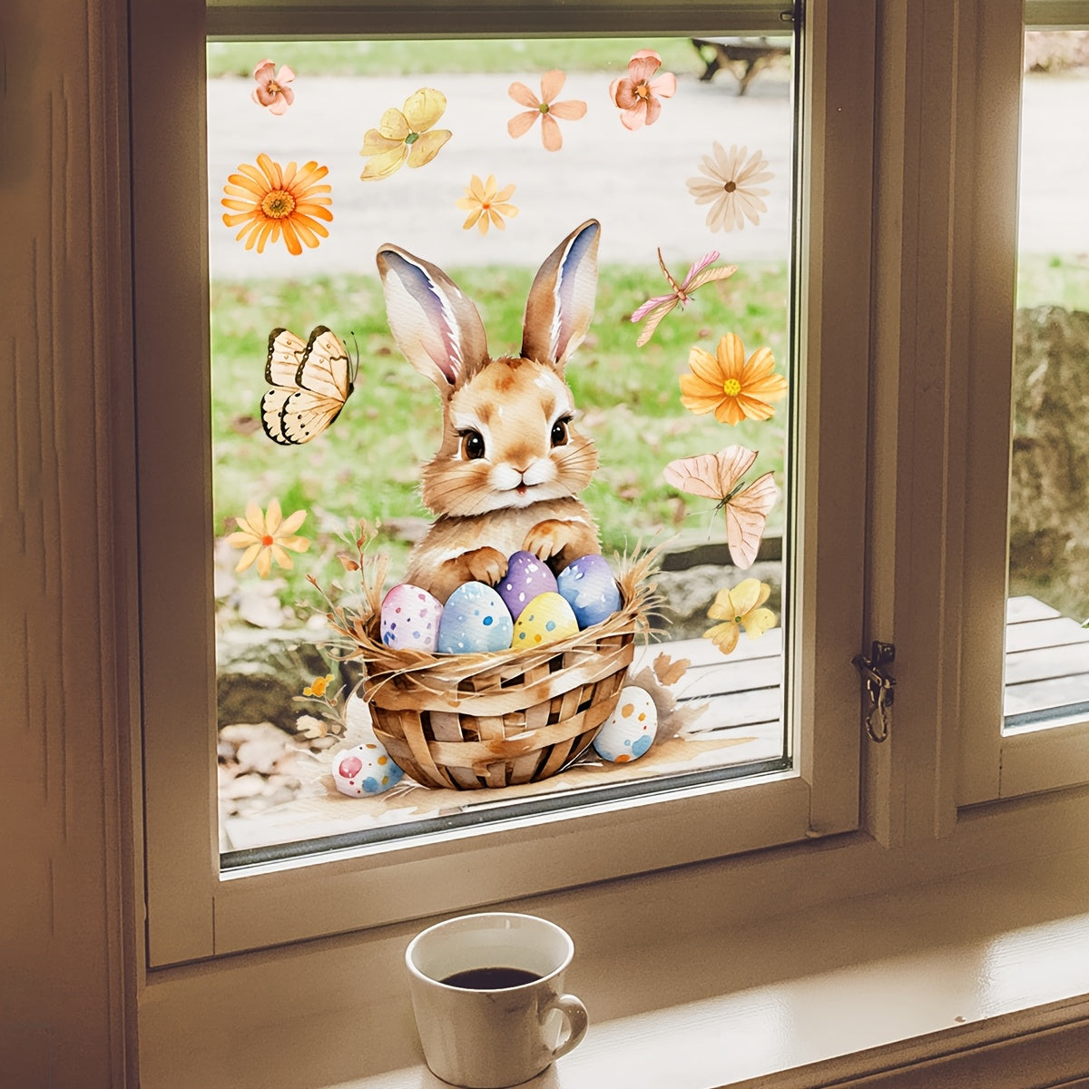 Easter Bunny Window Cling Decor 30x30cm Reusable PVC Sticker with Floral Butterfly