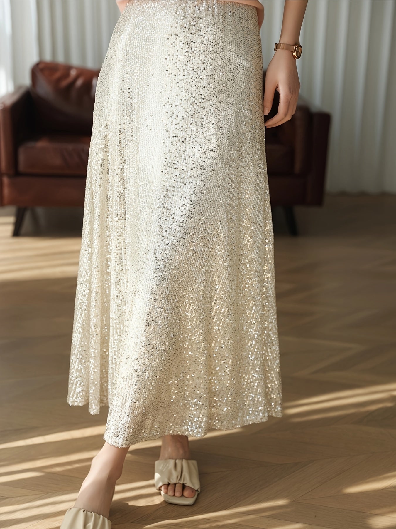 Women's Sequin Fish Tail Midi Skirt High Waist A-Line Fitted Flared