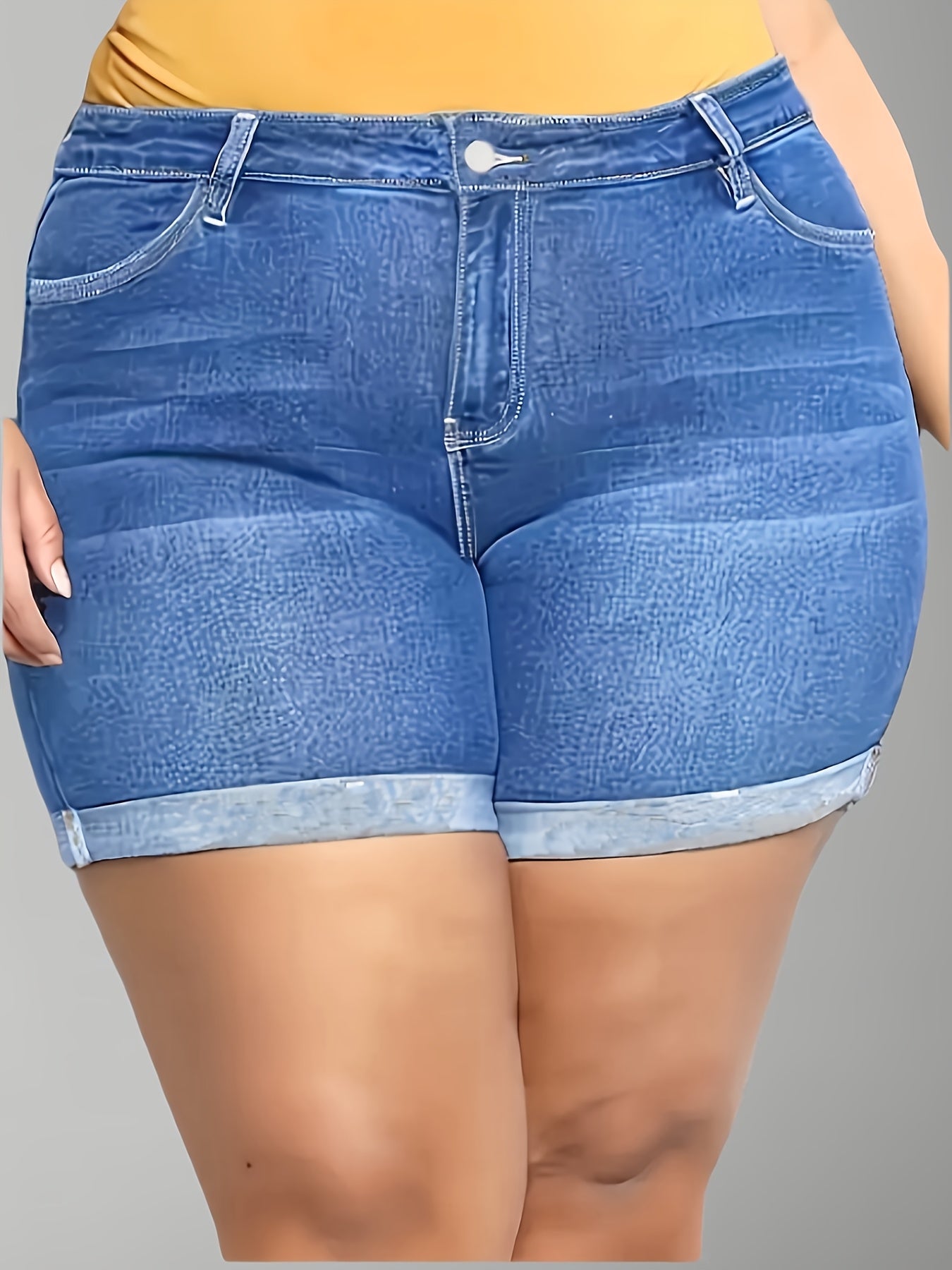Shorts de talla grande, elásticos y versátiles con dobladillo enrollado para mujer, azul, cintura de 16 pulgadas