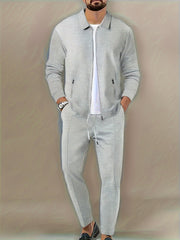 Men's Casual Zipper Jacket and Pants Set Polyester Solid Color Lapel for Outdoor Activities