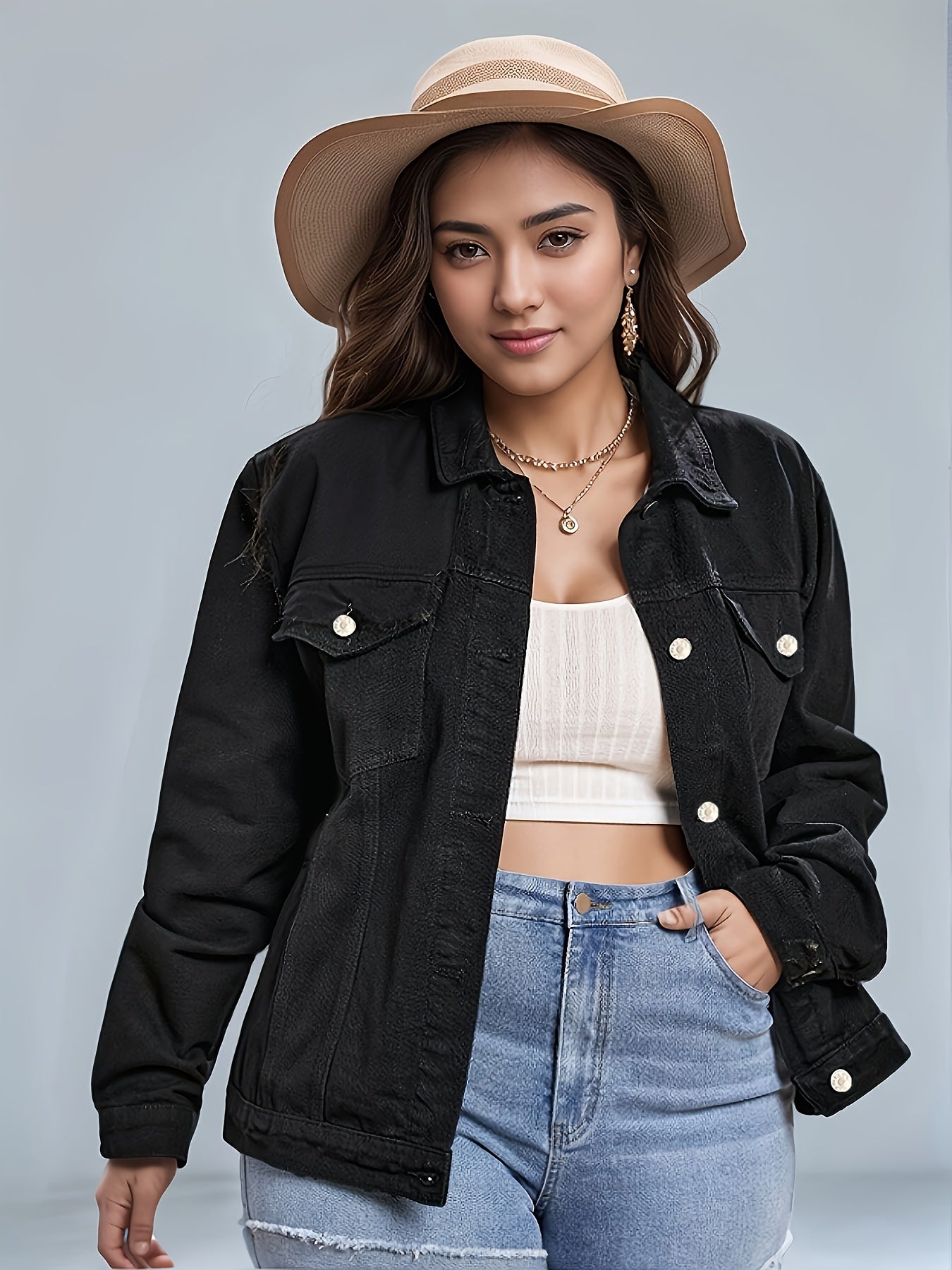 Women's Plus Size Denim Jacket Long Sleeve Black Casual Spring Outerwear