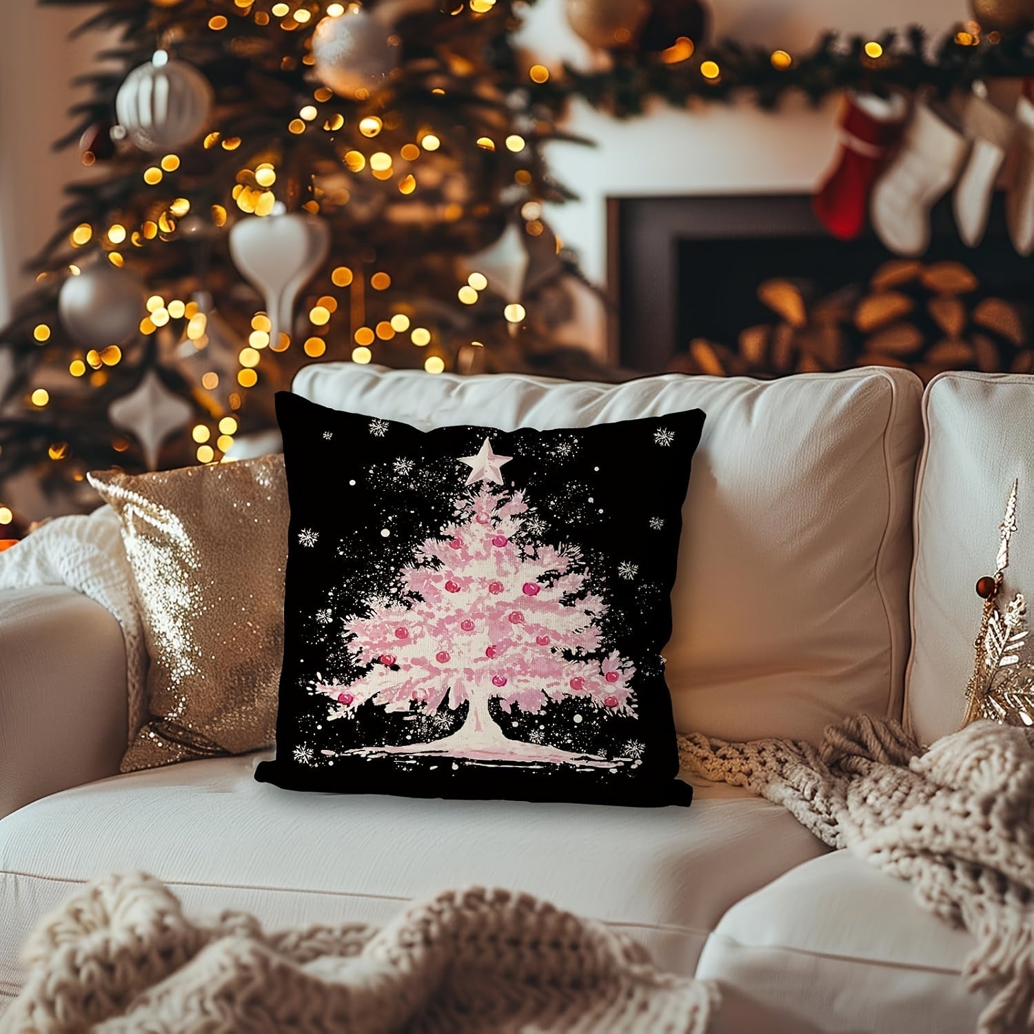 Black Linen Pillowcase with Christmas Tree Design Zip Closure Home Decor