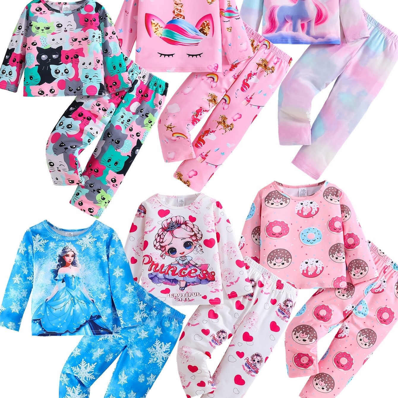 Girls' Flame Resistant Pajama Sets 3-Pack Long Sleeve Cartoon Patterns for Kids
