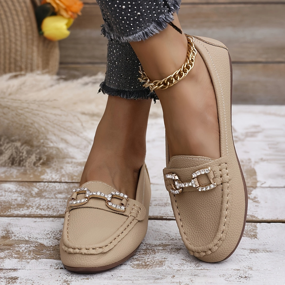 ayollar uchun slip-on tufli, faux cover yuqori qismi, kauchuk taglik, kundalik poyafzal