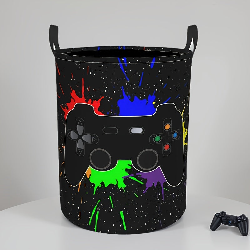 cesta de lavandería de lona redonda con diseño de mando de videojuego para ropa, juguetes y zapatos