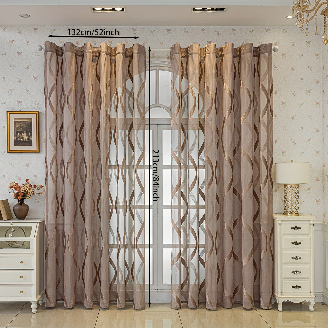 European Coffee Ribbon Curtains Set of 2 Modern Sheer Drapes Grommet Top UV Protection