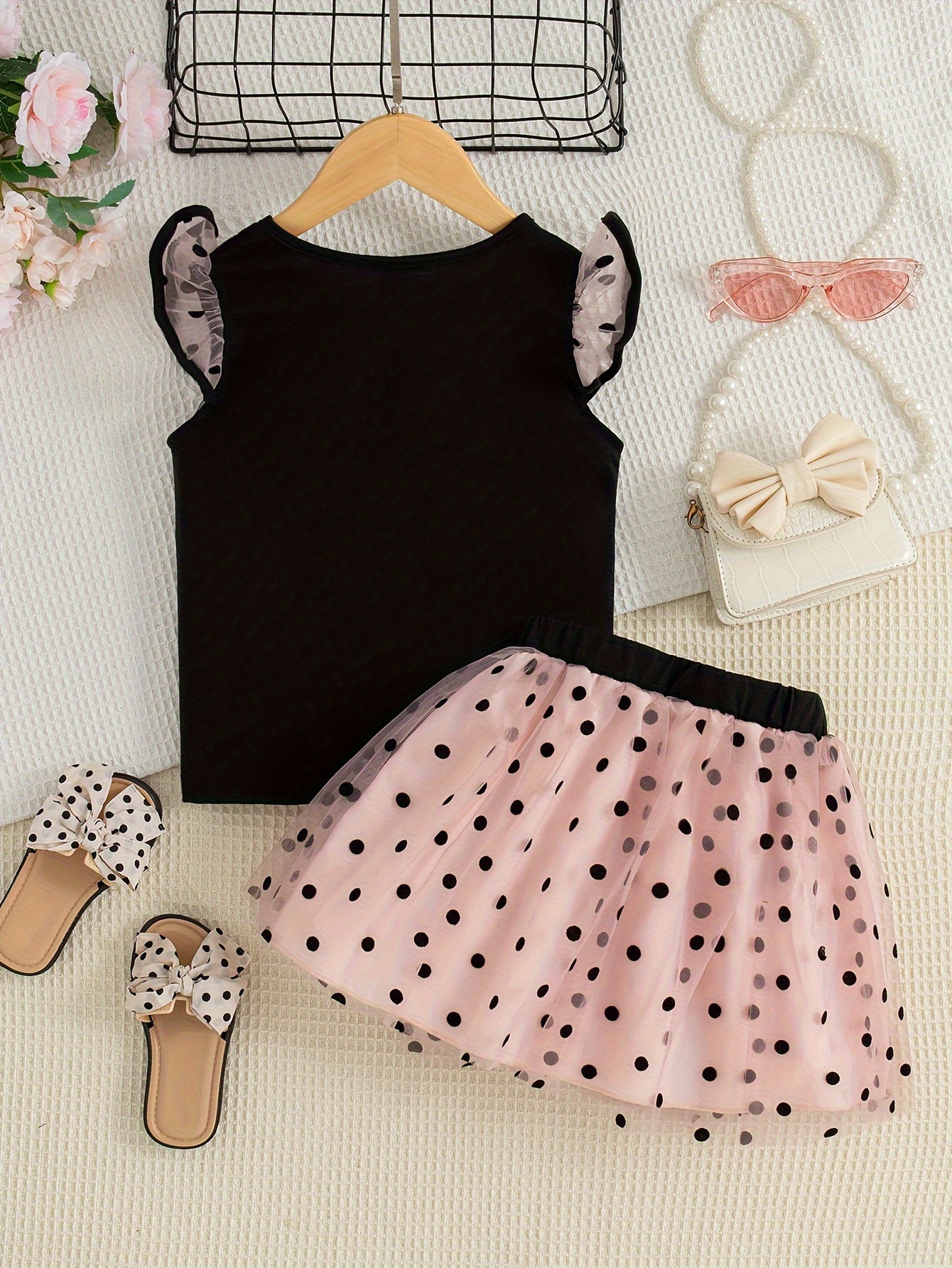 Girls Summer Two-Piece Set Mesh Patchwork Sleeveless Top and Short Skirt