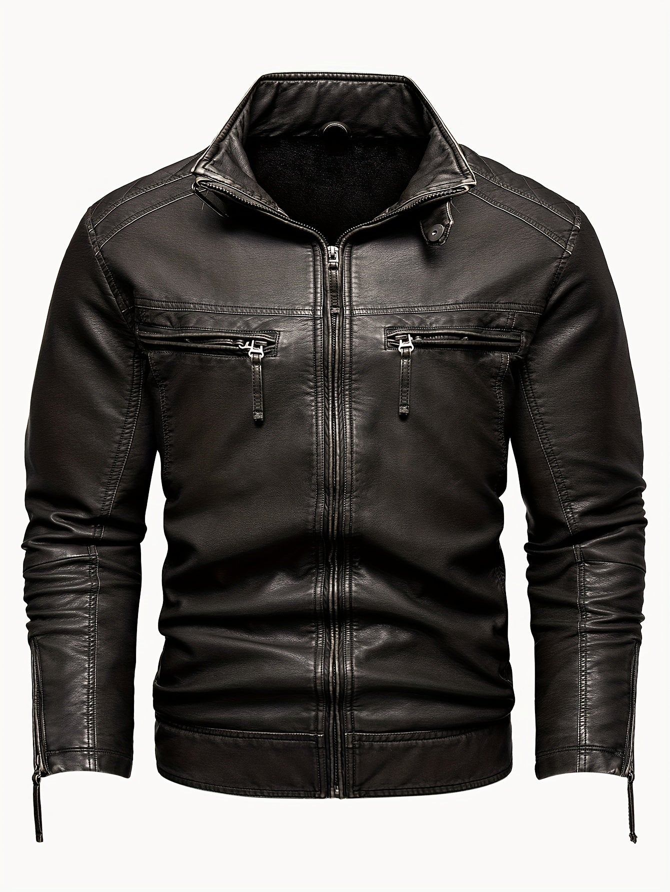 Men's Black Vintage Biker Bomber Jacket in Polyester Blend with Stand Collar and Multiple Pockets Plus Size