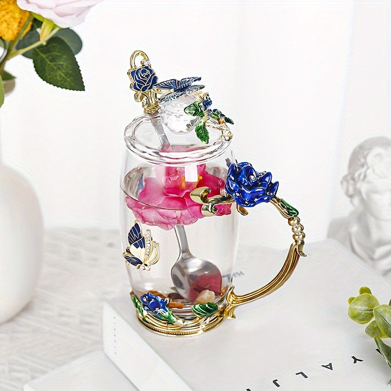 Enamel Crystal Tea Cup with Butterfly and Rose Design Heat Resistant for Coffee Water