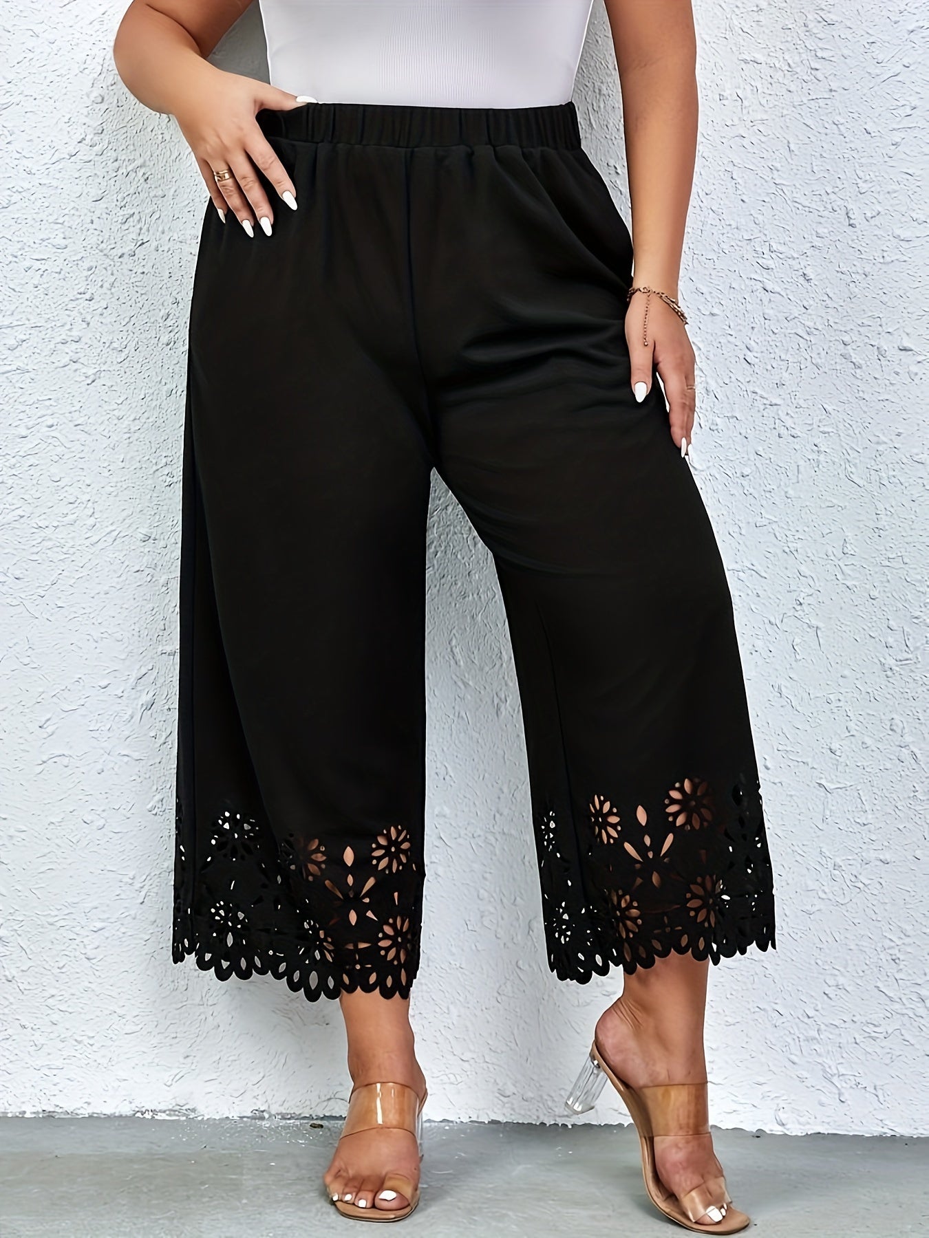 Plus Size Lace Trim Wide Leg Pants Casual Elastic Waist Spring Summer Womens