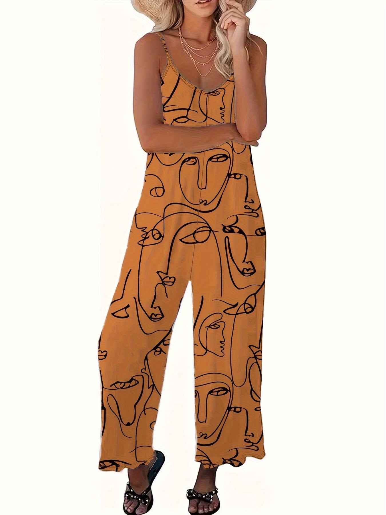 Plus Size Abstract Print Wide Leg Sleeveless Jumpsuit Casual Women's Clothing