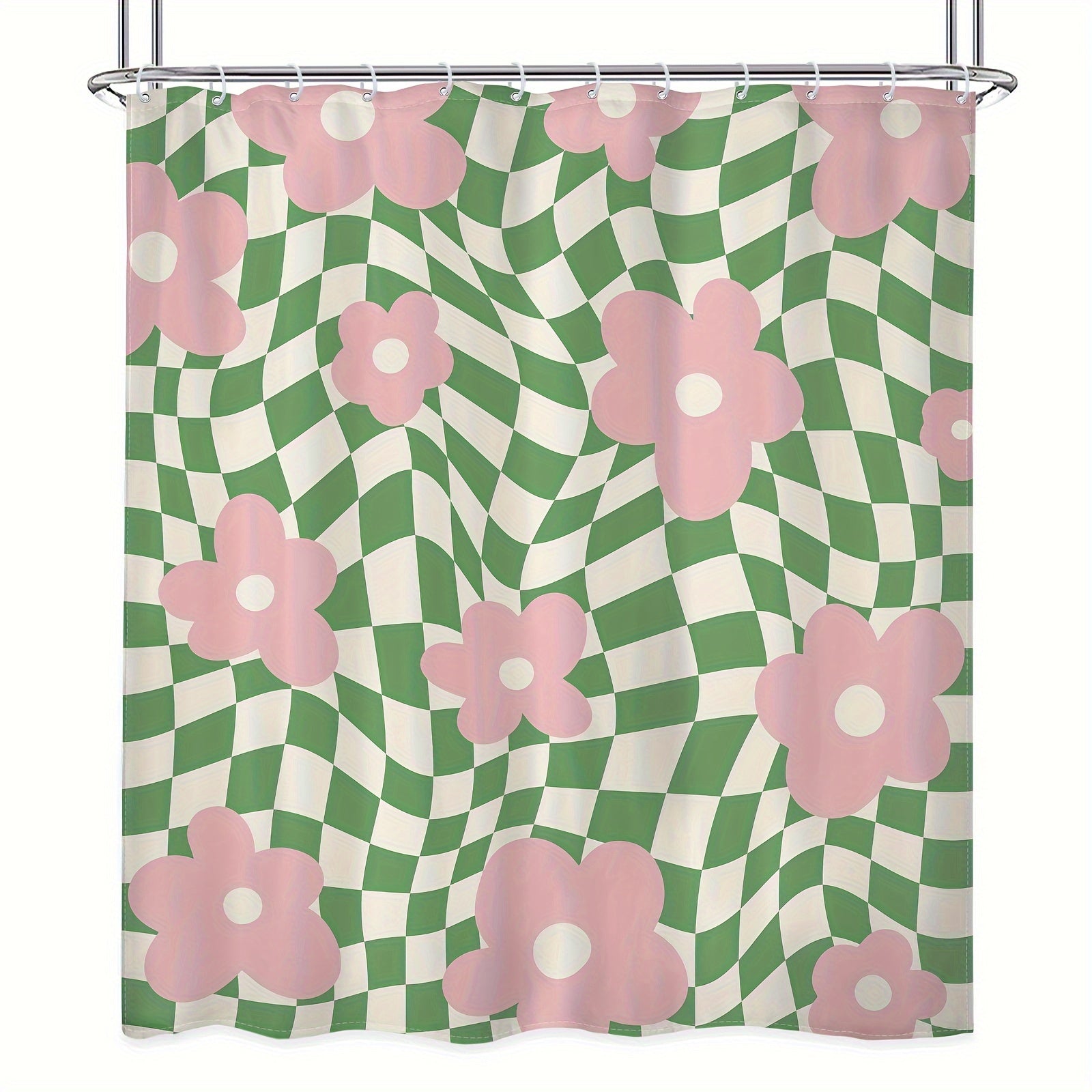 Polyester Shower Curtain Pink Green Floral Checkered 152x183 cm Waterproof Machine Washable