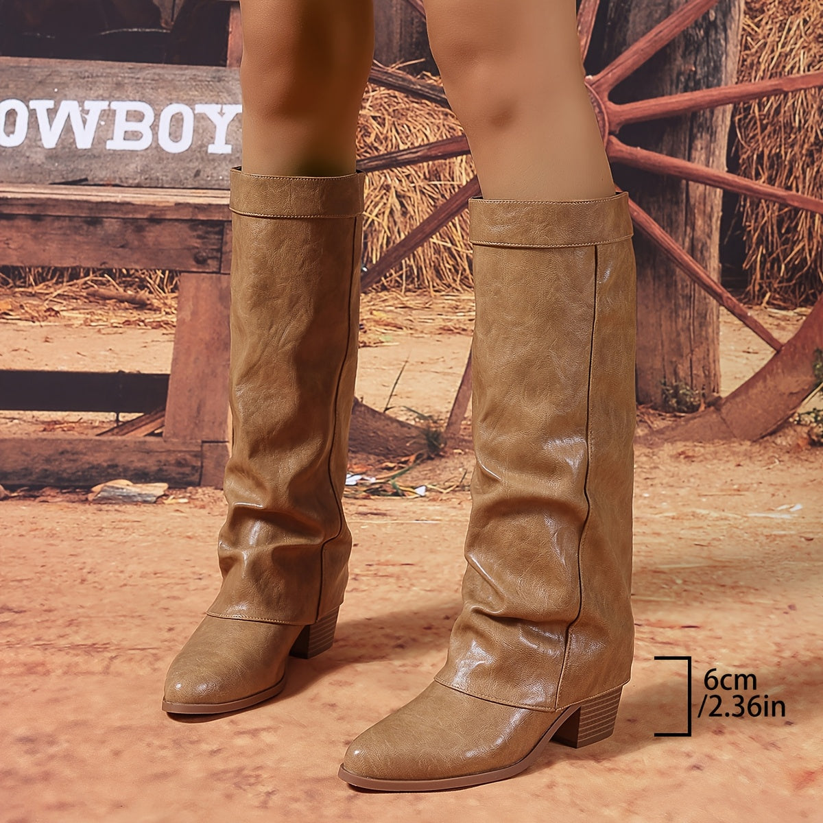 Women's Vegan Mid-Calf Boots in Coffee Brown Pointed Toe Chunky Heel