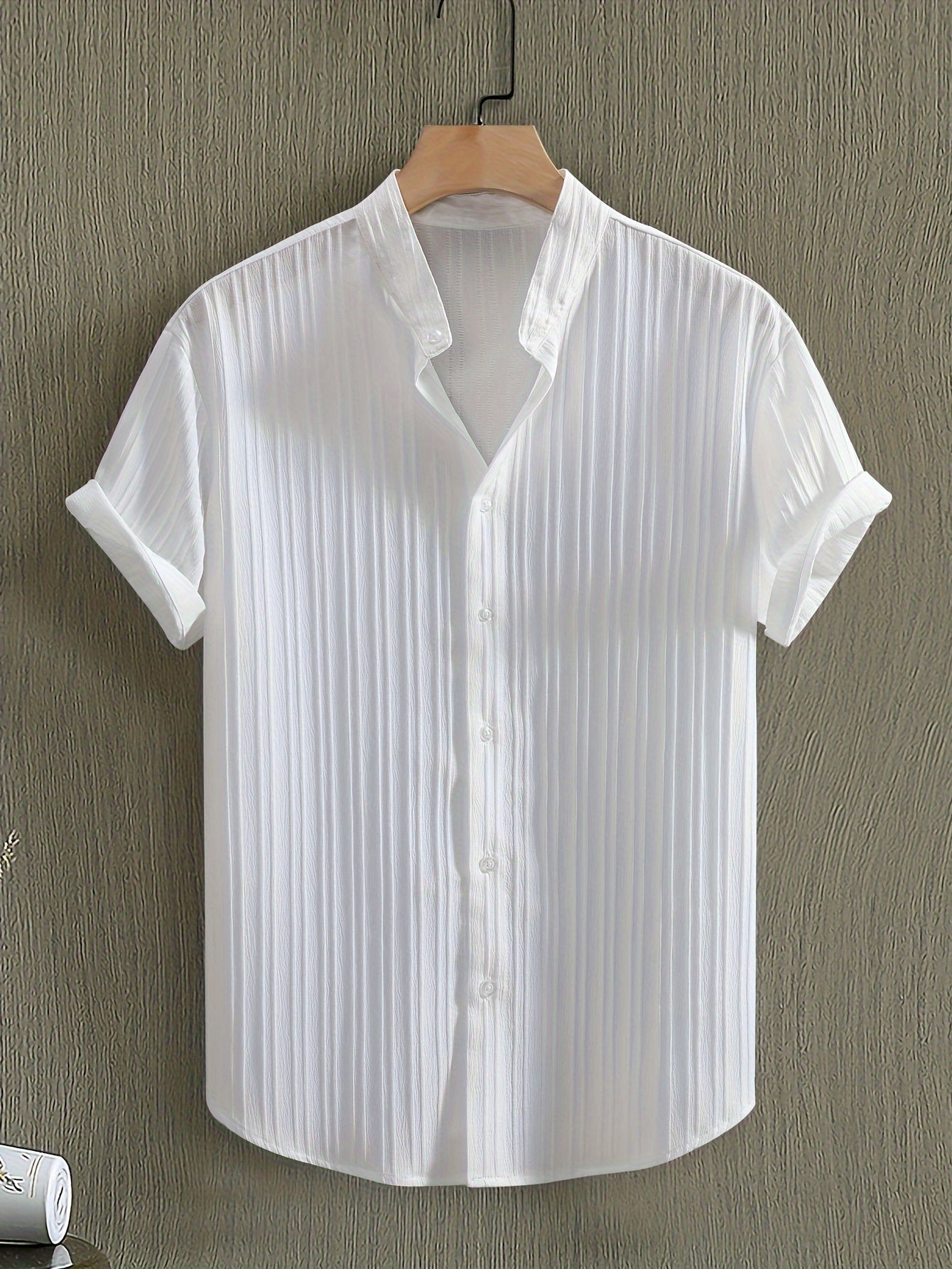 Men's Summer Casual Short Sleeve Shirt with Solid Color Stripes Breathable Polyester
