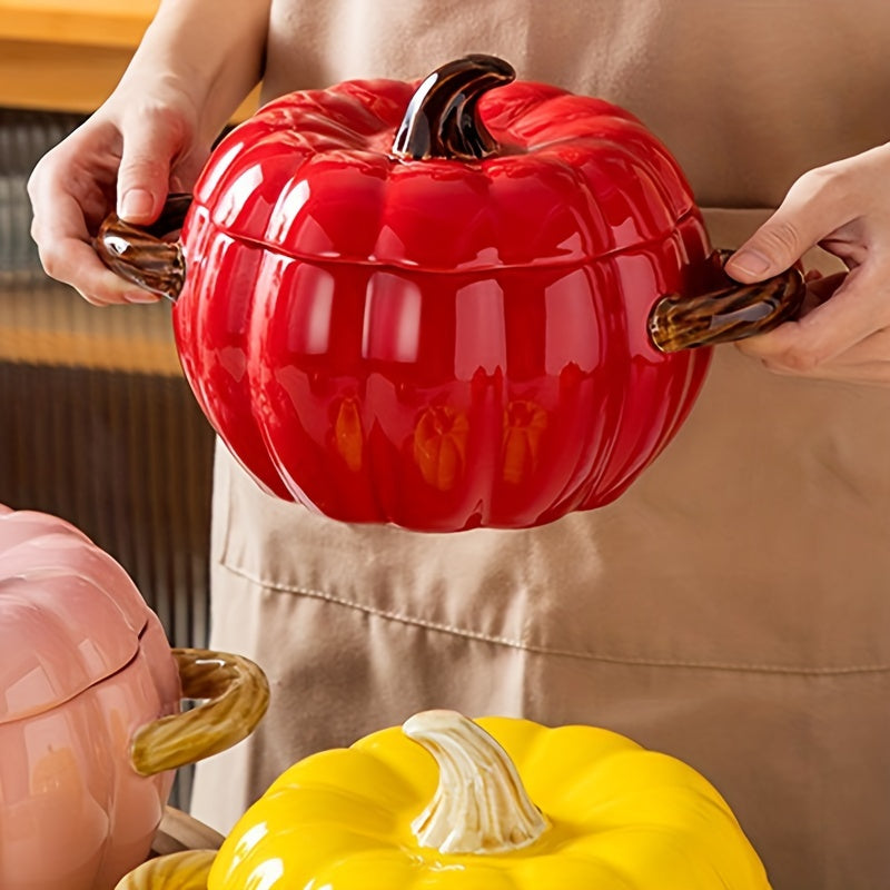Ceramic Pumpkin-Shaped Soup Pot with Lid and Handles for Stews and Salads