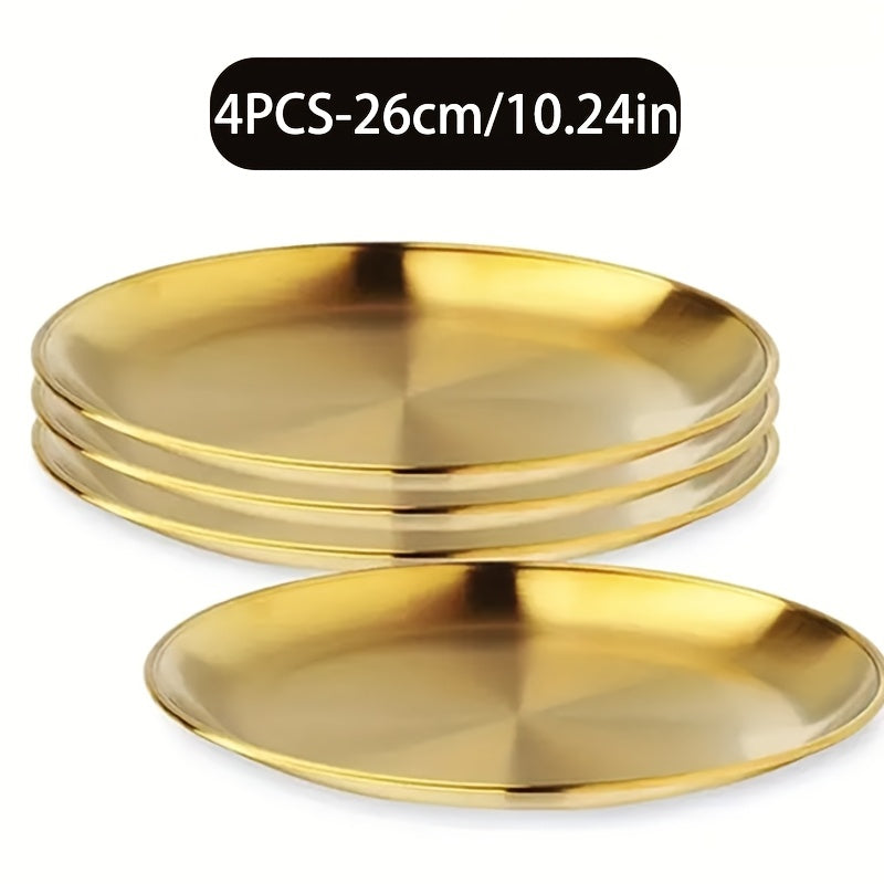 Набор из 4 десертных тарелок из нержавеющей стали диаметром 26,01 см, круглые сервировочные блюда, золотистые металлические подносы для салата, стейка