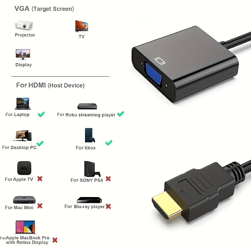 Gold-Plated HDMI to VGA Adapter for Computers Laptops Monitors Projectors HDTVs