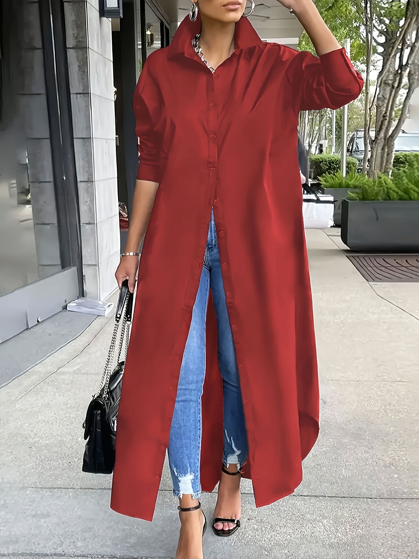 Vestido casual de talla grande para mujer con manga larga, cuello de solapa y botones