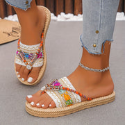 Women's Ethnic Flat Sandals with Beaded Ankle Straps Open Toe Summer Wear