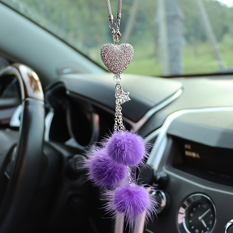 Women Girls Rhinestone Plush Ball Car Ornament Bling Love Heart