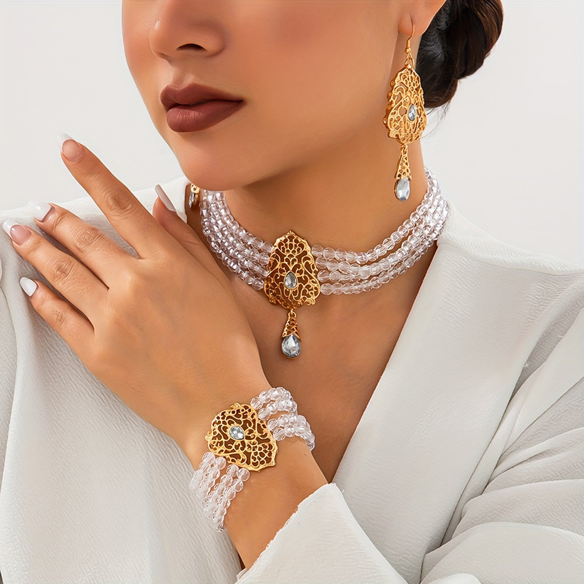 Set of 4 Elegant Crystal Water Drop Jewelry Set for Women Necklace Bracelet Earrings Gold Tone