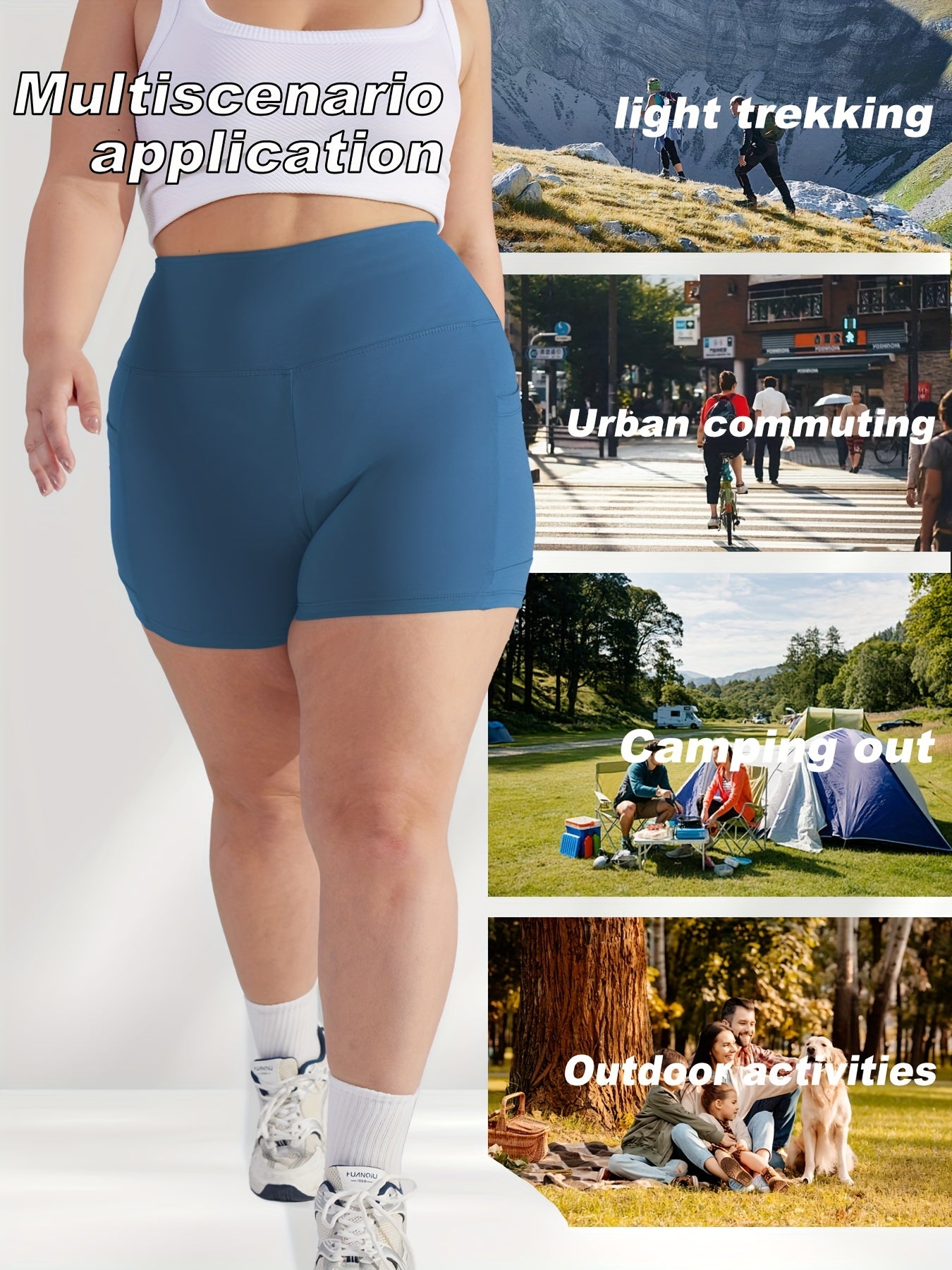 Pack de 3 pantalones cortos de gimnasio de cintura alta para mujer talla grande con bolsillos, ajuste suave